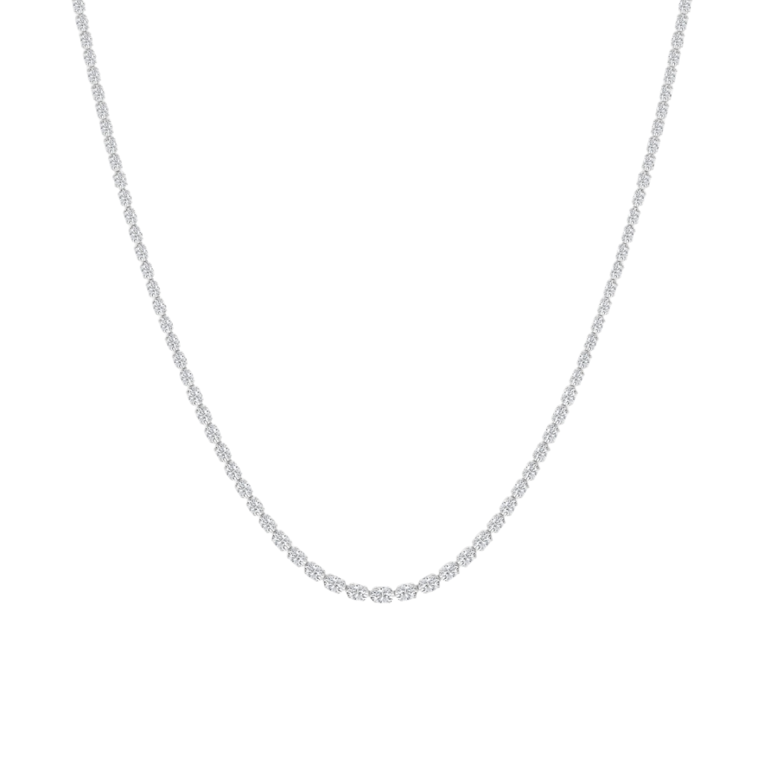 Oval diamond east to west tennis necklace featuring 14.5 carats of brilliant oval-shaped diamonds set in a sleek and modern design, available in 14k