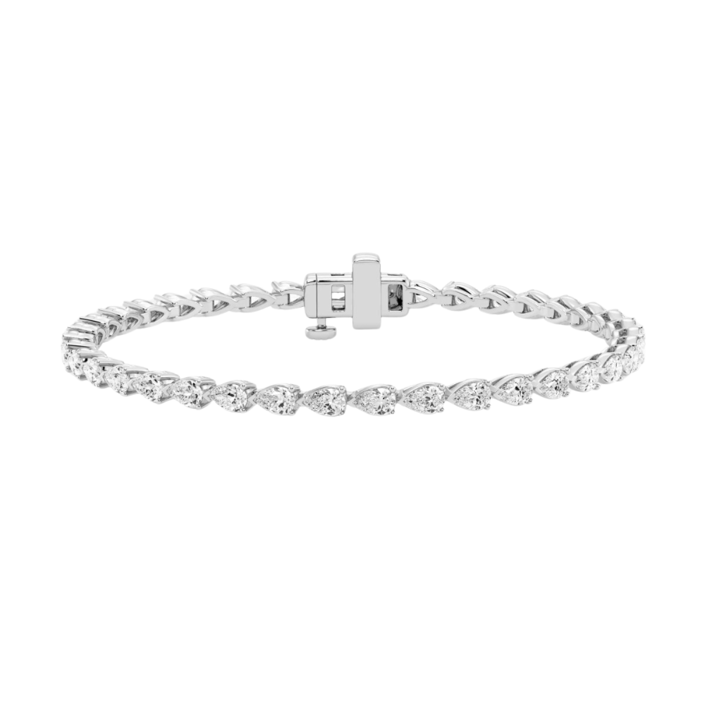 Pear diamond east to west tennis bracelet featuring 4.5 carats of pear-shaped diamonds in a modern design, set in 14k