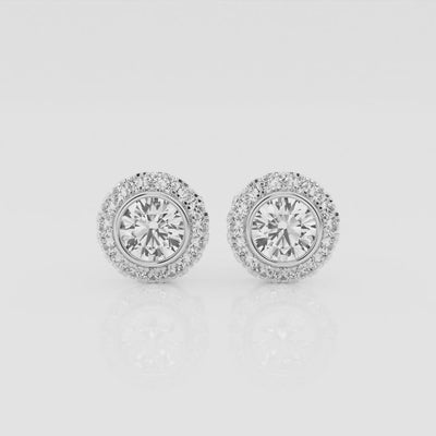 14k gold round diamond stud earrings with halo of lab-created diamonds by Sakaris Jewelers