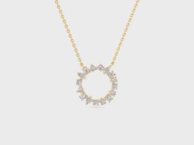 14k gold multi shape diamond circle pendant with lab-created diamonds by Sakaris Jewelers