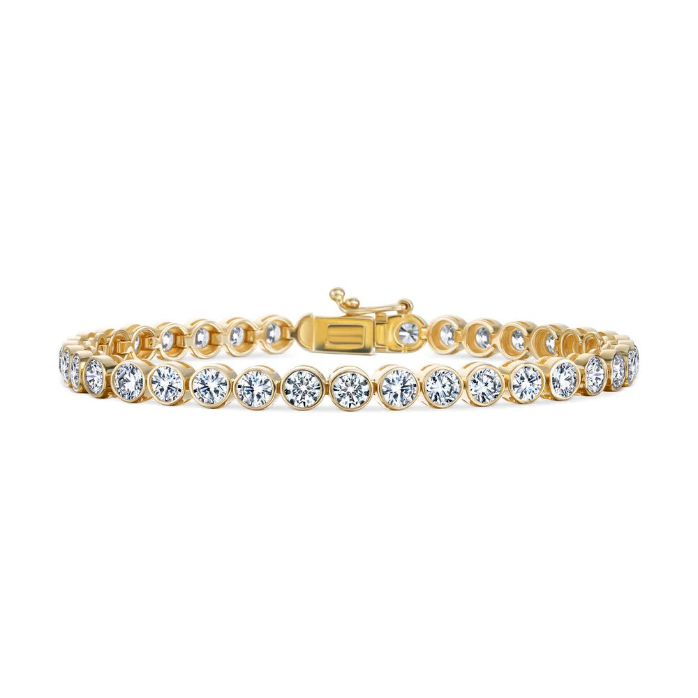 Round cut diamond bezel set tennis bracelet featuring brilliant round diamonds in a sleek bezel setting, crafted in 14k