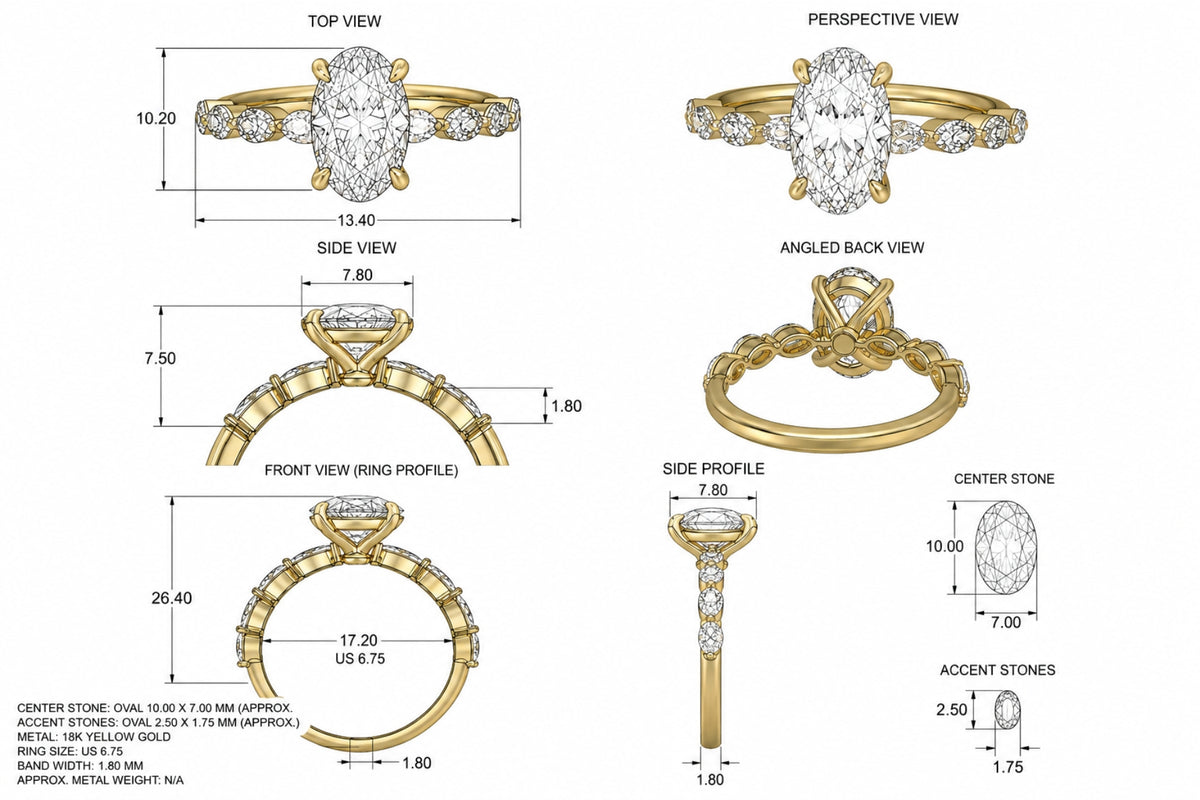 Custom engagement ring CAD design sheet showing multiple views and measurements, Sakaris Jewelers Naples Florida