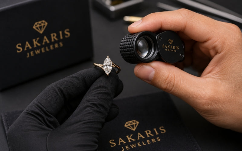 Peter Sakaris inspecting custom diamond engagement ring quality at Sakaris Jewelers Naples Florida
