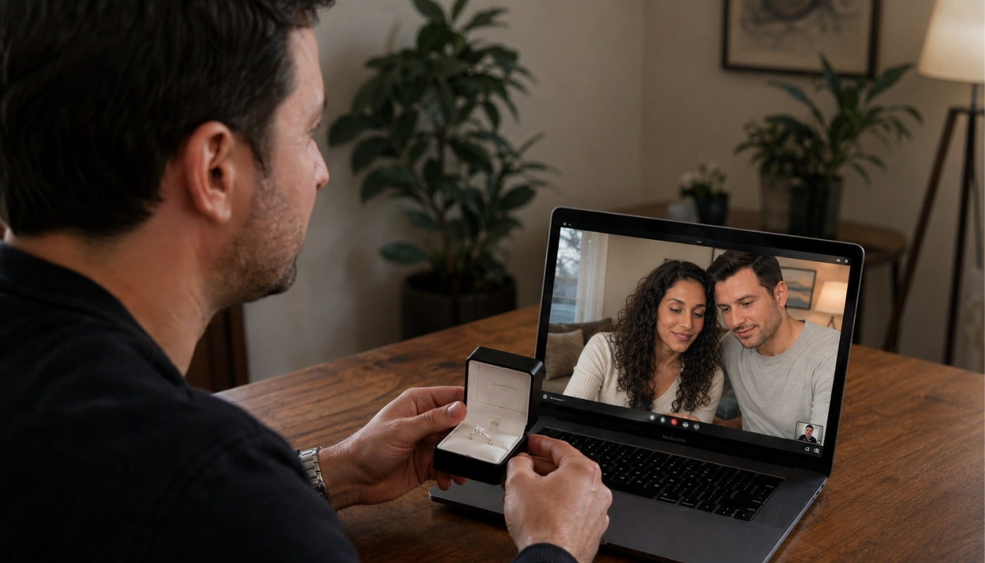 Client on a virtual jewelry consultation with Sakaris Jewelers, holding a custom ring in a box during a video call